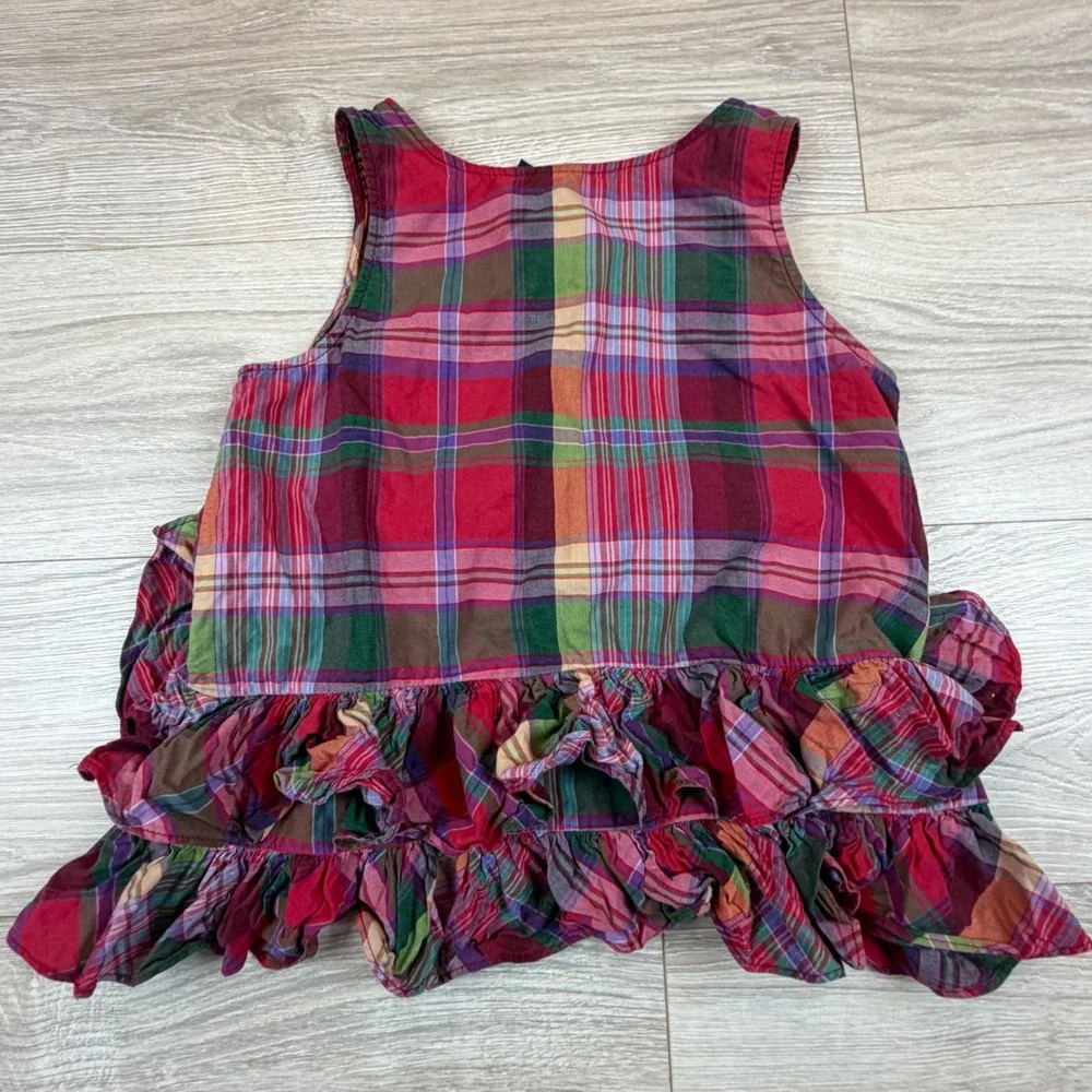 Ralph Lauren‎ Kids Plaid Ruffle Tank Top Dress Size 12 Red Green Cotton Madras